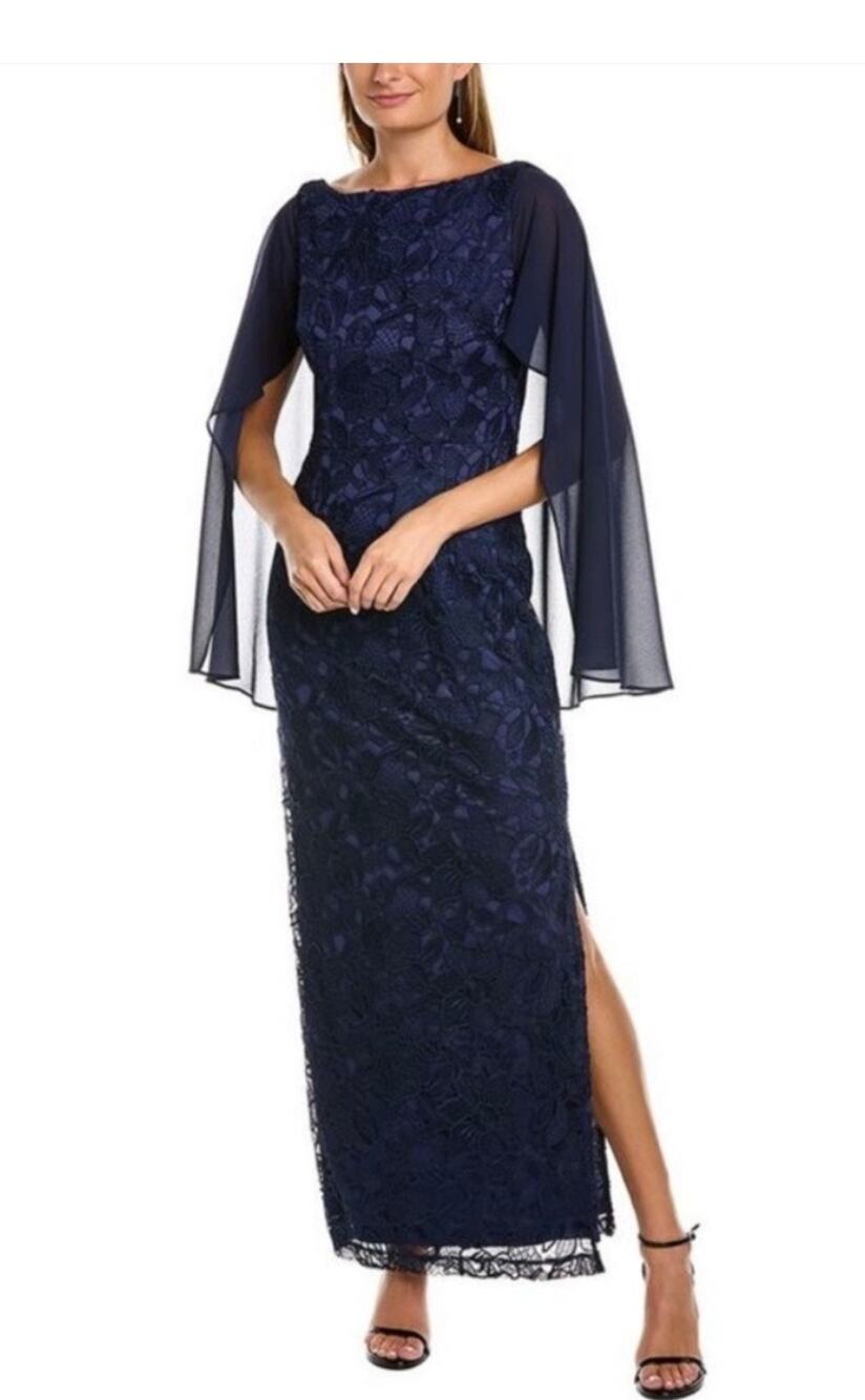 JS Collections Leah Capelet Navy Blue Floral Lace Column Formal Gown Size 6